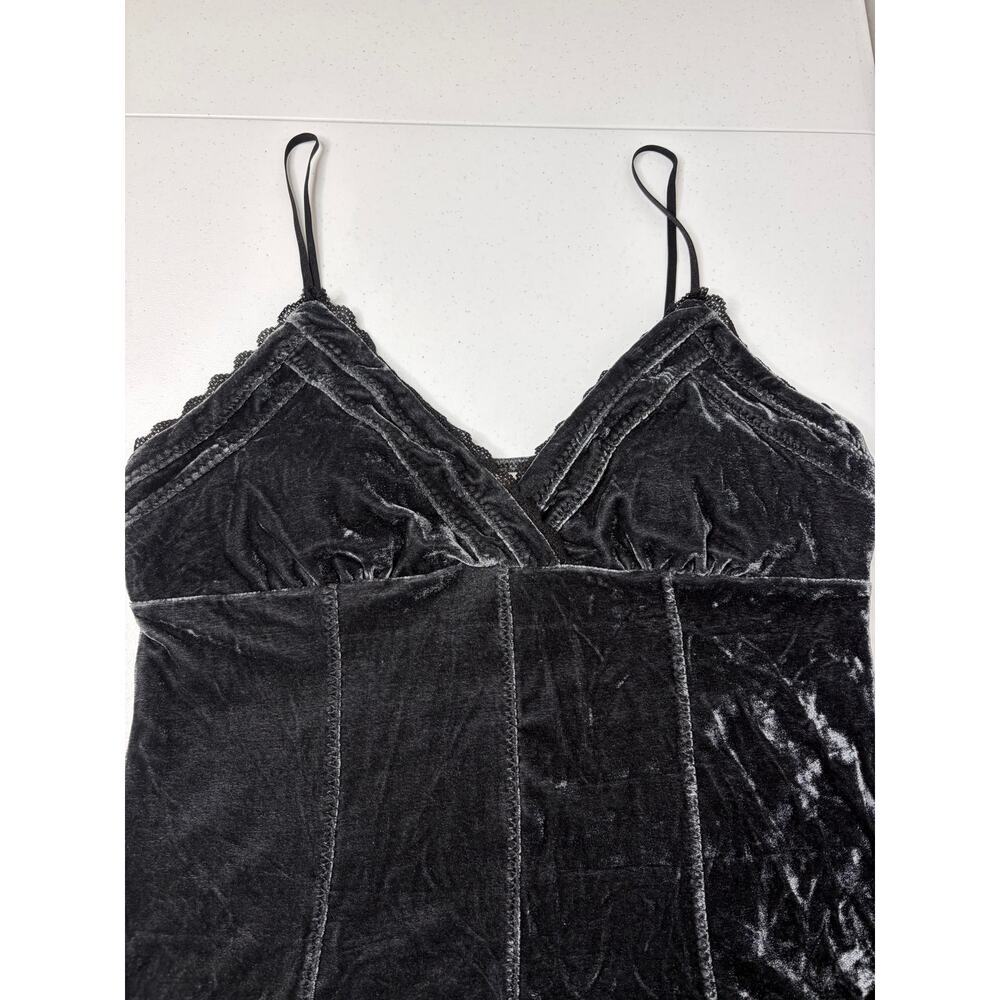 Y2K Crushed Velvet Lace Tank Top Cami Sz L Dark Gray Coquette Babydoll Festival - Picture 4 of 10